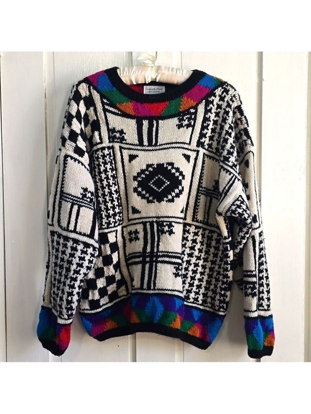 Vintage 80s 90s Roberta Frost Handknit Multi Pattern Sweater